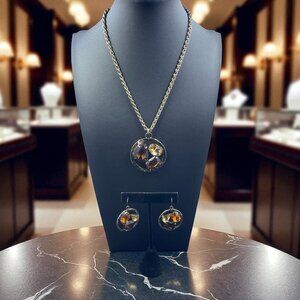 Vintage Gold Rope Chain Necklace & Earrings Set With Amber & Citrine‎ Gemstones